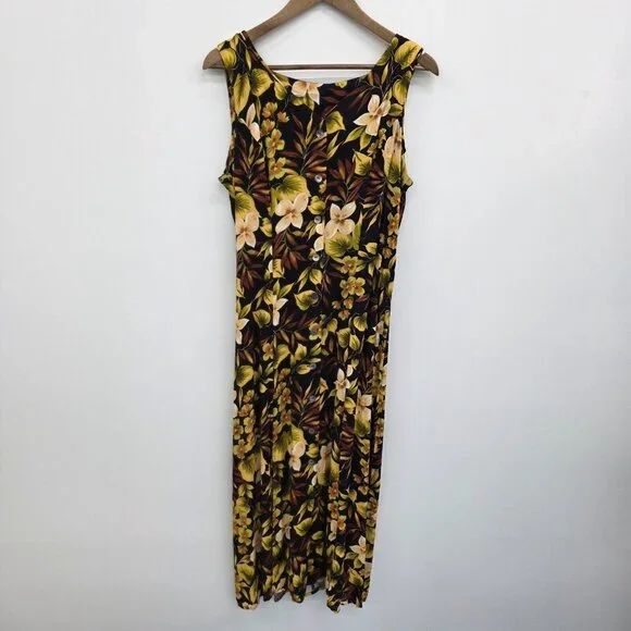 Vtg Scarlett Sleeveless Maxi Dress Womens 14 Black Yellow Hawaiian Floral Y2K - Picture 4 of 13